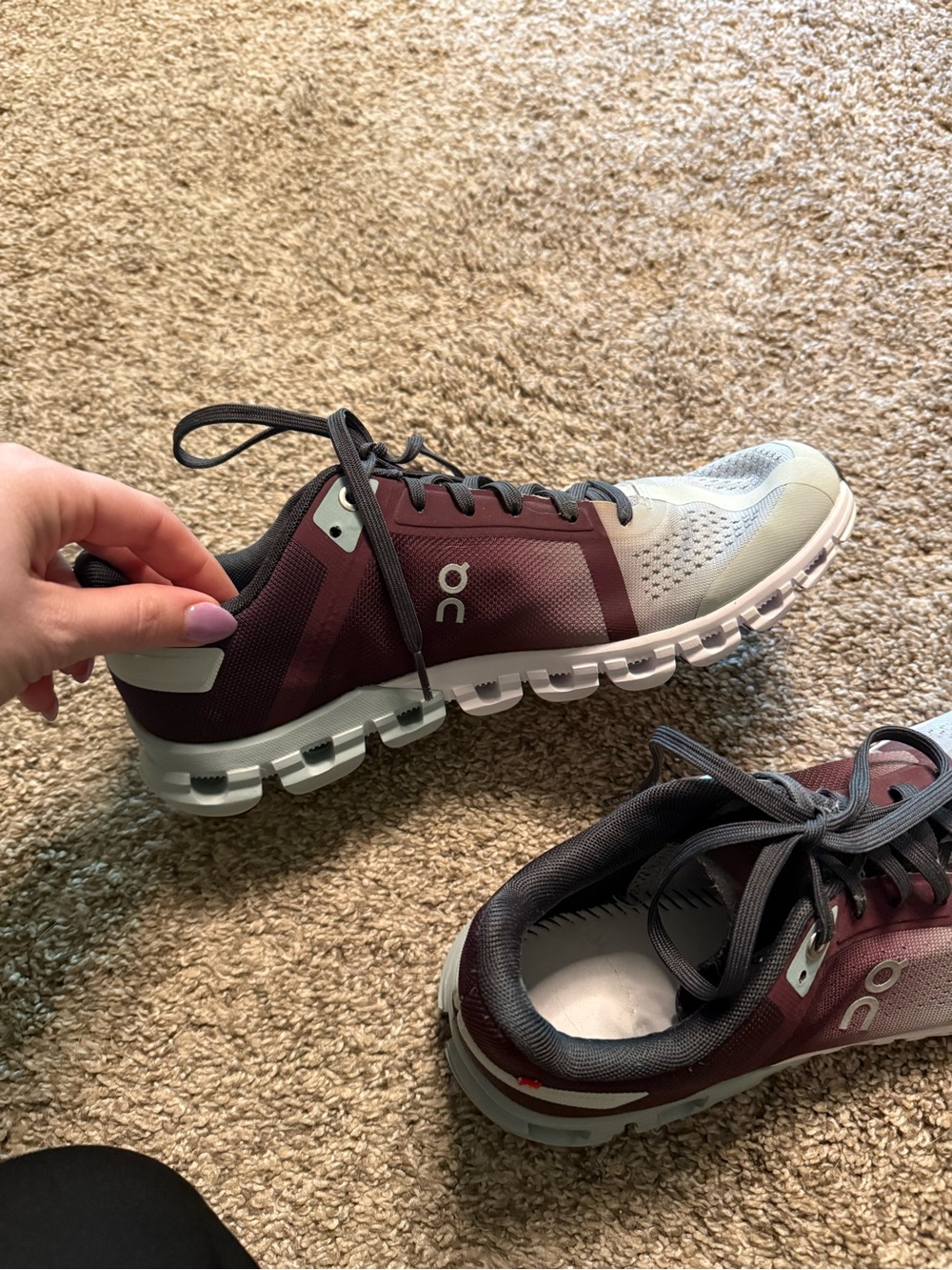 On Cloud Running Shoes in Burgundy and Light Gray/Blue